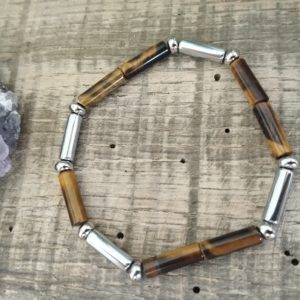 Bracelet "tube" en œil de tigre & hématite argentée