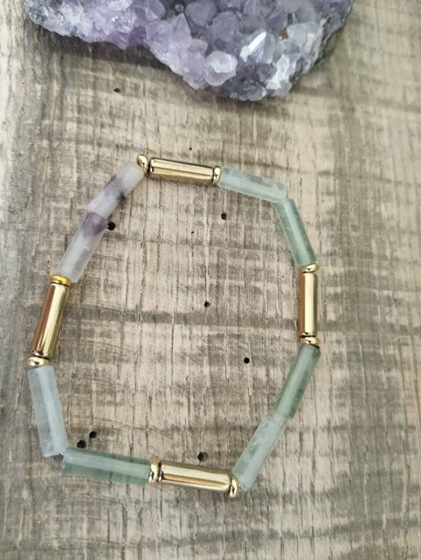 Bracelet "tube" en fluorite arc-en-ciel & hématite dorée